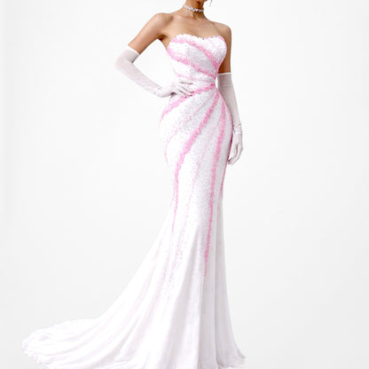 Vintage White Pink Beaded Strapless Bodycon Maxi Prom Dress Size S/M