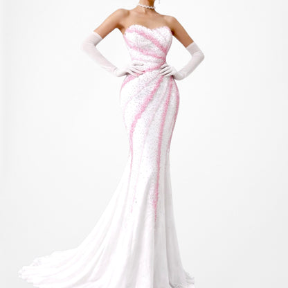 Vintage White Pink Beaded Strapless Bodycon Maxi Prom Dress Size S/M