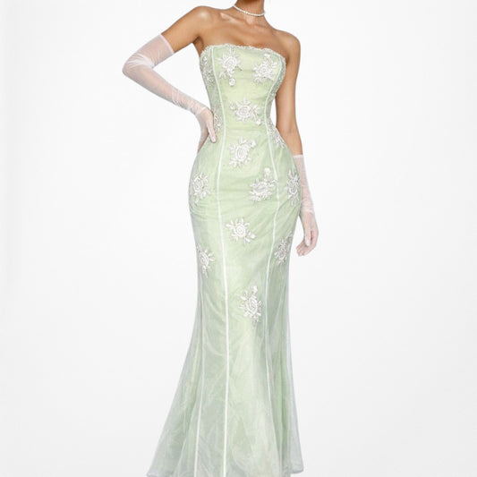 Vintage Green White Floral Beaded Embroidered Mesh Strapless Cocktail Formal Prom Dress Size S