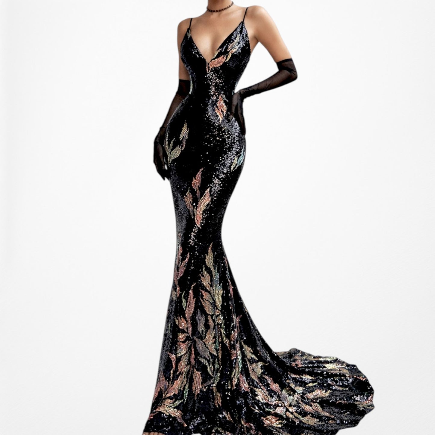 Black Sequin Fit Flared V-Neck Formal Cocktail Prom Dress Size XS/S/M