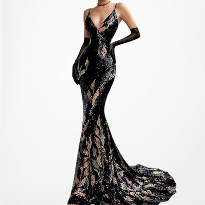 Black Sequin Fit Flared V-Neck Formal Cocktail Prom Dress Size XS/S/M