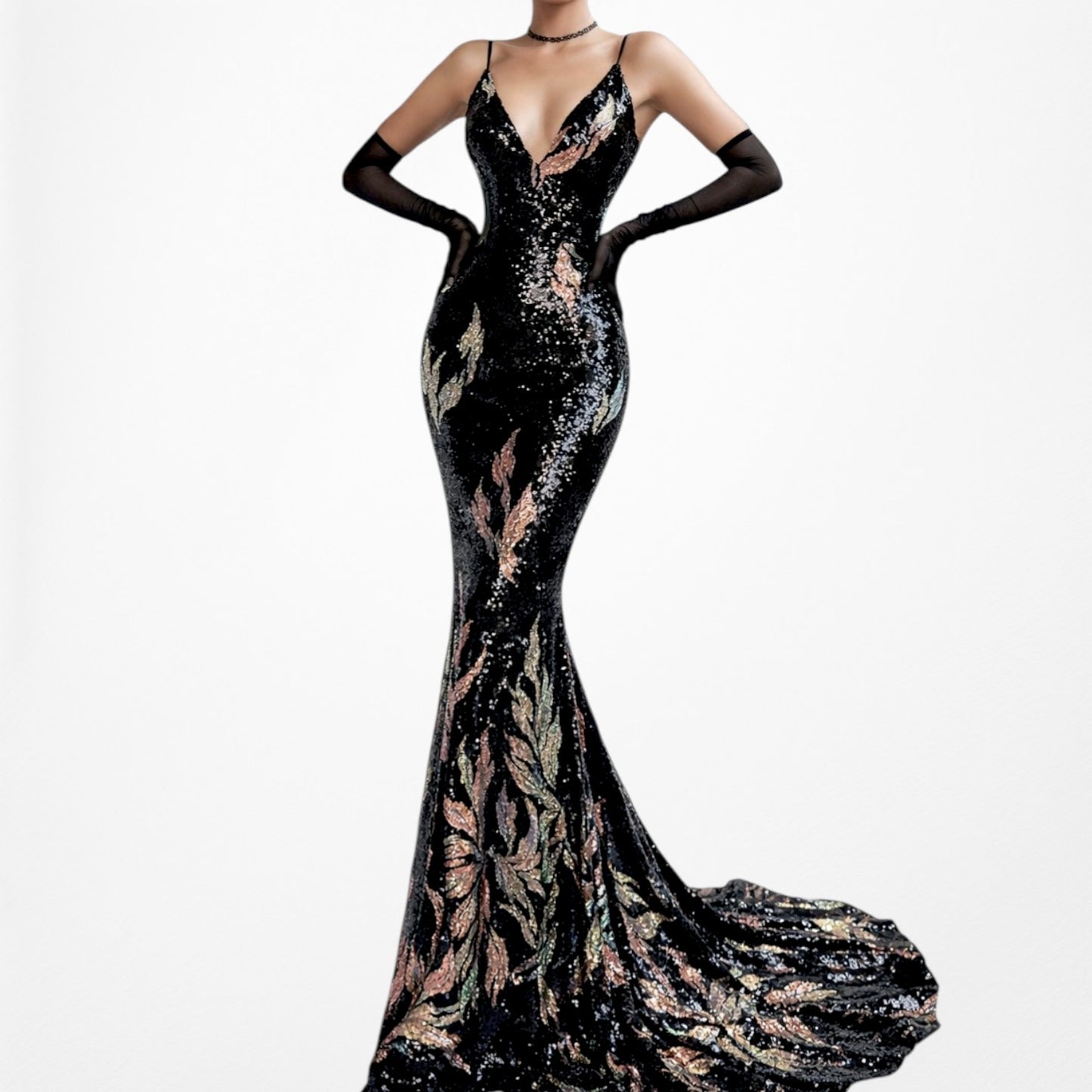 Black Sequin Fit Flared V-Neck Formal Cocktail Prom Dress Size XS/S/M