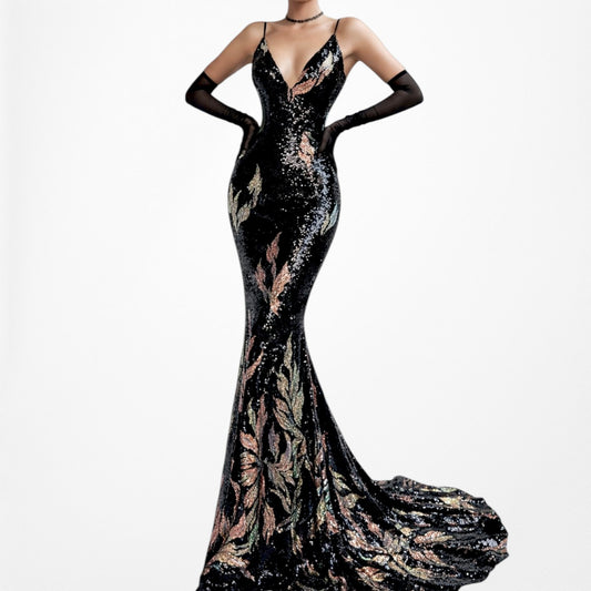 Black Sequin Fit Flared V-Neck Formal Cocktail Prom Dress Size XS/S/M