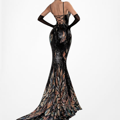 Black Sequin Fit Flared V-Neck Formal Cocktail Prom Dress Size XS/S/M
