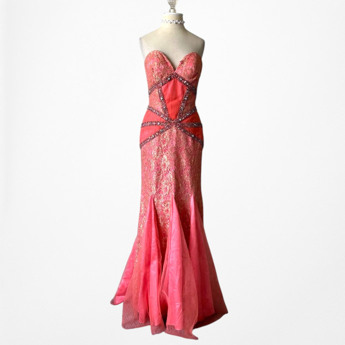 Vintage Pink Strapless Lace Beaded Fishtail Bodycon Prom Dress Size M