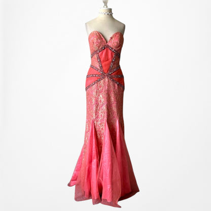 Vintage Pink Strapless Lace Beaded Fishtail Bodycon Prom Dress Size M