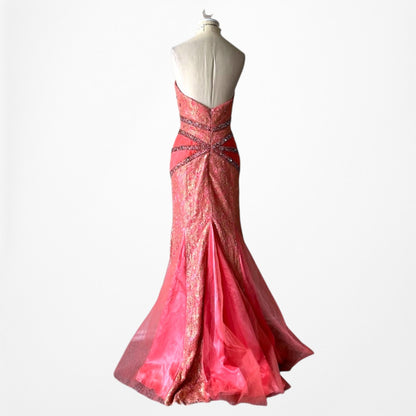 Vintage Pink Strapless Lace Beaded Fishtail Bodycon Prom Dress Size M