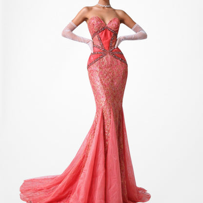 Vintage Pink Strapless Lace Beaded Fishtail Bodycon Prom Dress Size M