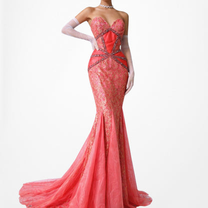 Vintage Pink Strapless Lace Beaded Fishtail Bodycon Prom Dress Size M