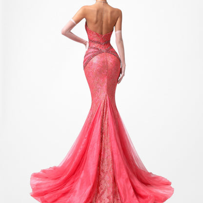 Vintage Pink Strapless Lace Beaded Fishtail Bodycon Prom Dress Size M