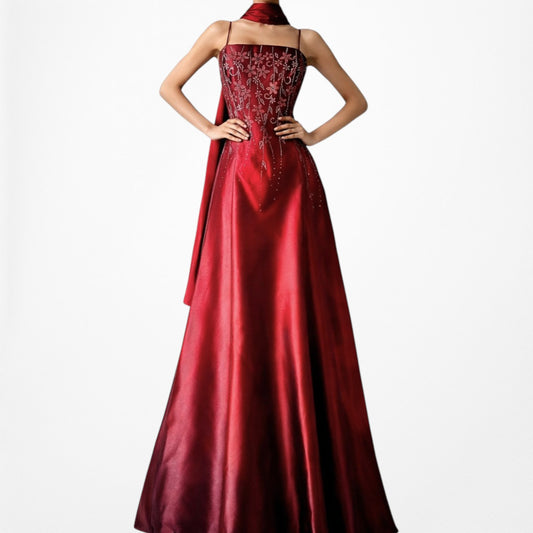 Vintage Burgundy Red Floral Beaded Glitter Ombre Flared Maxi Prom Dress Size M