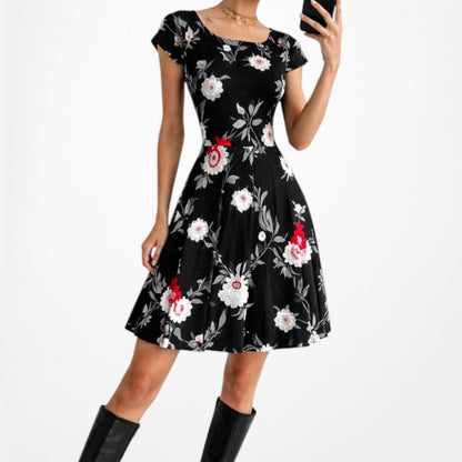 Vintage Y2K 90s Black White Floral Knit Print Short Sleeve Flared Dress Size S/M