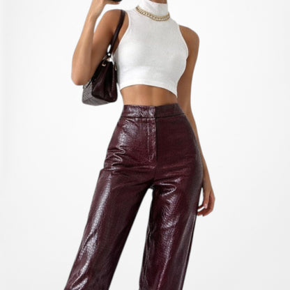 Zara Burgundy Red High Waisted Animal Snake Print Faux Leather Pants Size S/M