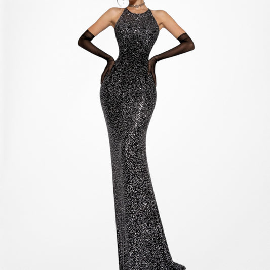 Vintage Black Gray Sleeveless Beaded Bodycon Maxi Side Slit Formal Prom Dress Size XS