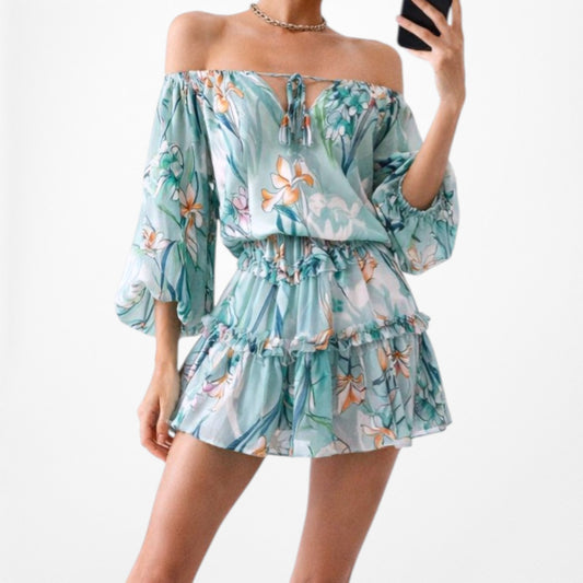 Vintage Y2K Blue Floral Off The Shoulder Long Puffy Sleeve Mini Dress Size XS