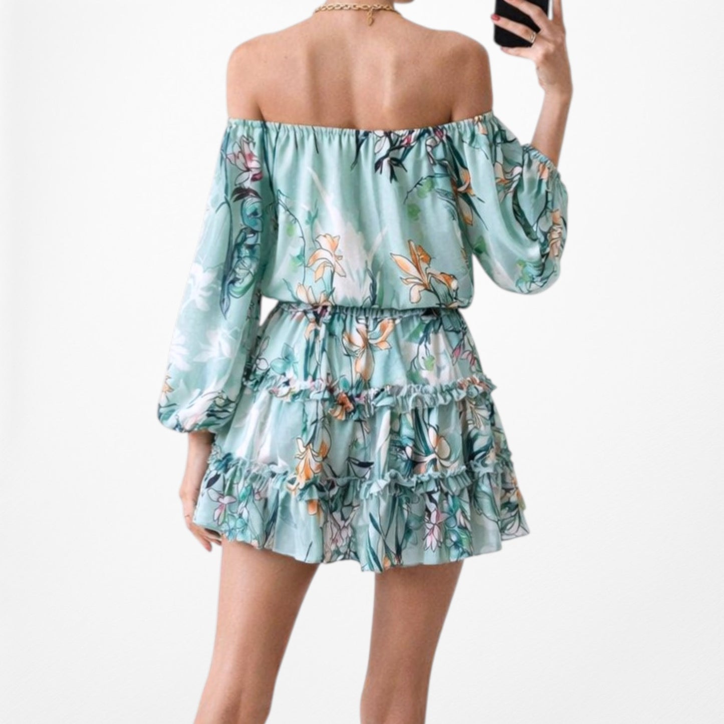 Vintage Y2K Blue Floral Off The Shoulder Long Puffy Sleeve Mini Dress Size XS