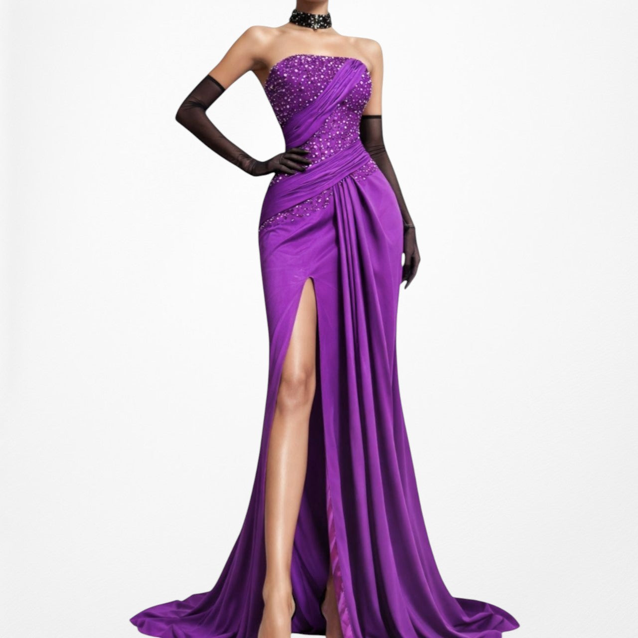 Vintage Y2K Purple Strapless Beaded Side Slit Fit Flared Maxi Prom Dress Size S