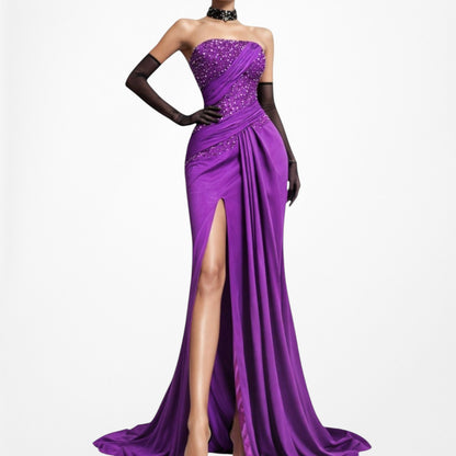 Vintage Y2K Purple Strapless Beaded Side Slit Fit Flared Maxi Prom Dress Size S