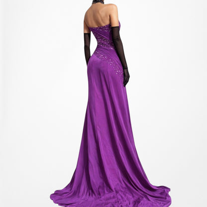 Vintage Y2K Purple Strapless Beaded Side Slit Fit Flared Maxi Prom Dress Size S