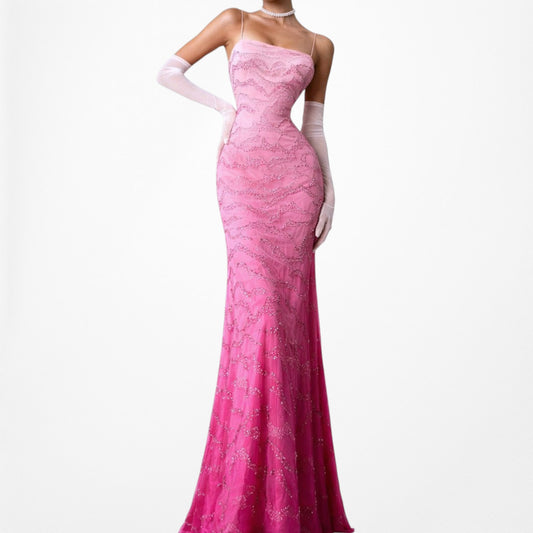 Vintage Pink Ombre Beaded Fit Flared Maxi Formal Prom Dress Size XS/S