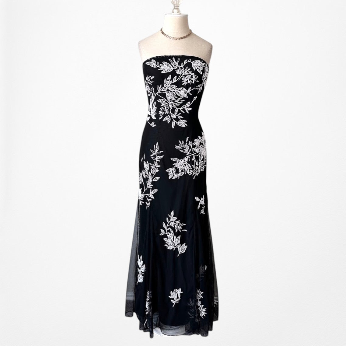 Black White Floral Beaded Strapless Fit Flared Maxi Cocktail Formal Prom Dress Size S