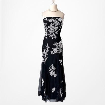 Black White Floral Beaded Strapless Fit Flared Maxi Cocktail Formal Prom Dress Size S