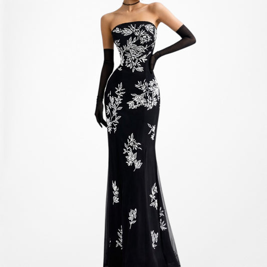 Black White Floral Beaded Strapless Fit Flared Maxi Cocktail Formal Prom Dress Size S