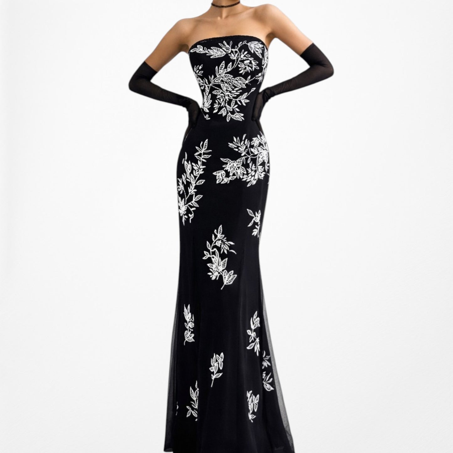 Black White Floral Beaded Strapless Fit Flared Maxi Cocktail Formal Prom Dress Size S