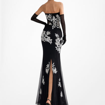 Black White Floral Beaded Strapless Fit Flared Maxi Cocktail Formal Prom Dress Size S