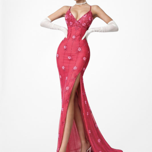 Vintage Pink Floral Beaded Silk Double Side Slit Maxi Babydoll Prom Dress S/M