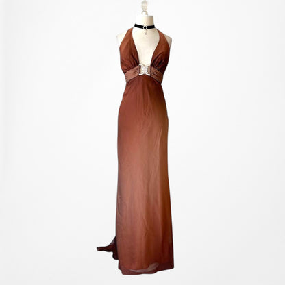 Vintage Brown Halter Plunging V-Neck Bodycon Maxi Prom Dress Size S