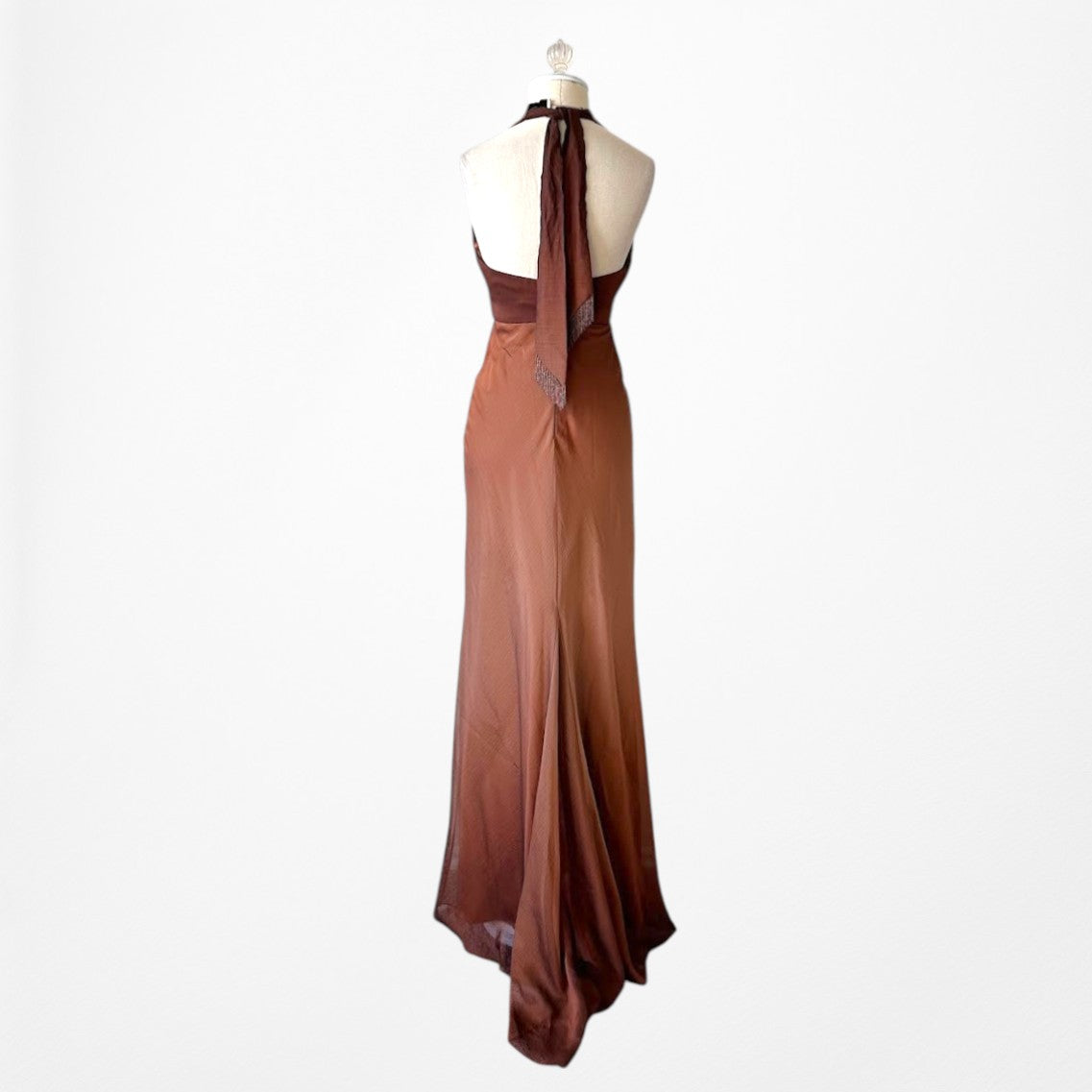 Vintage Brown Halter Plunging V-Neck Bodycon Maxi Prom Dress Size S