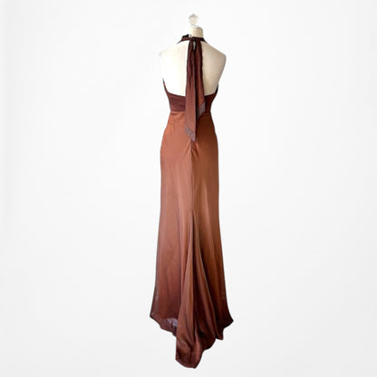Vintage Brown Halter Plunging V-Neck Bodycon Maxi Prom Dress Size S