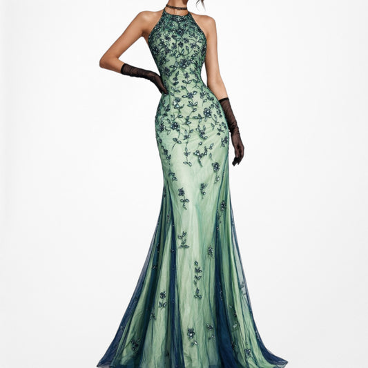Vintage Y2K Green Floral Beaded Mesh Bodycon Maxi Prom Dress Size S