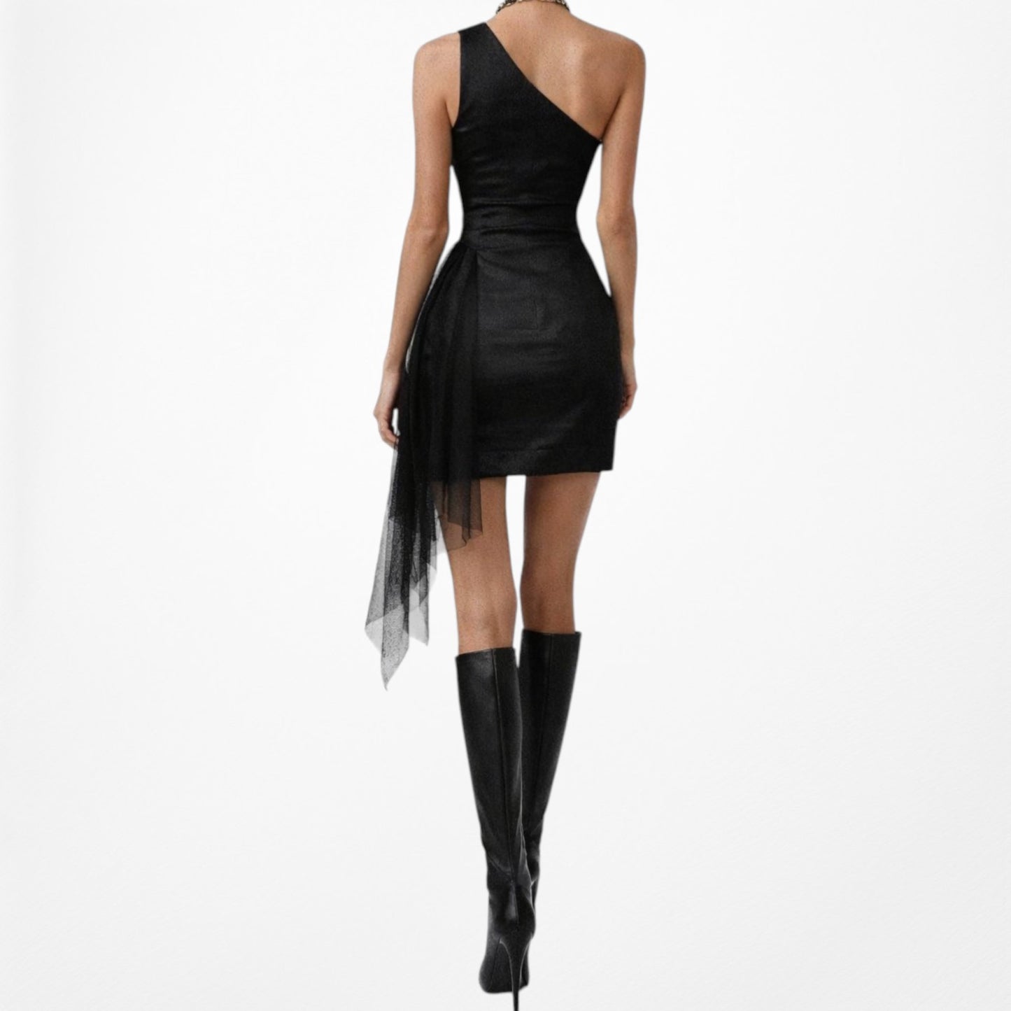 Vintage Y2K 90s Black One Shoulder Mesh Ruffle Bodycon Mini Dress Size S