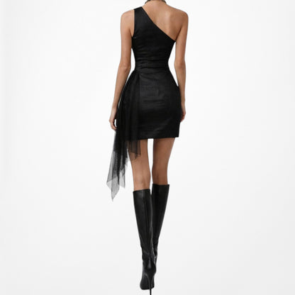 Vintage Y2K 90s Black One Shoulder Mesh Ruffle Bodycon Mini Dress Size S