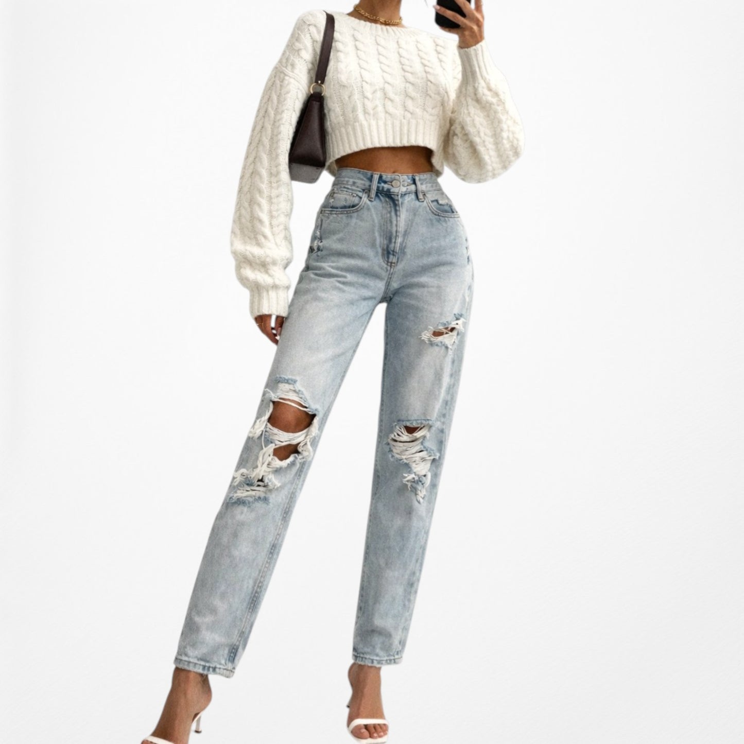White Fox Boutique High Waisted Distressed Ripped Knee Cropped Mom Jeans Size XS