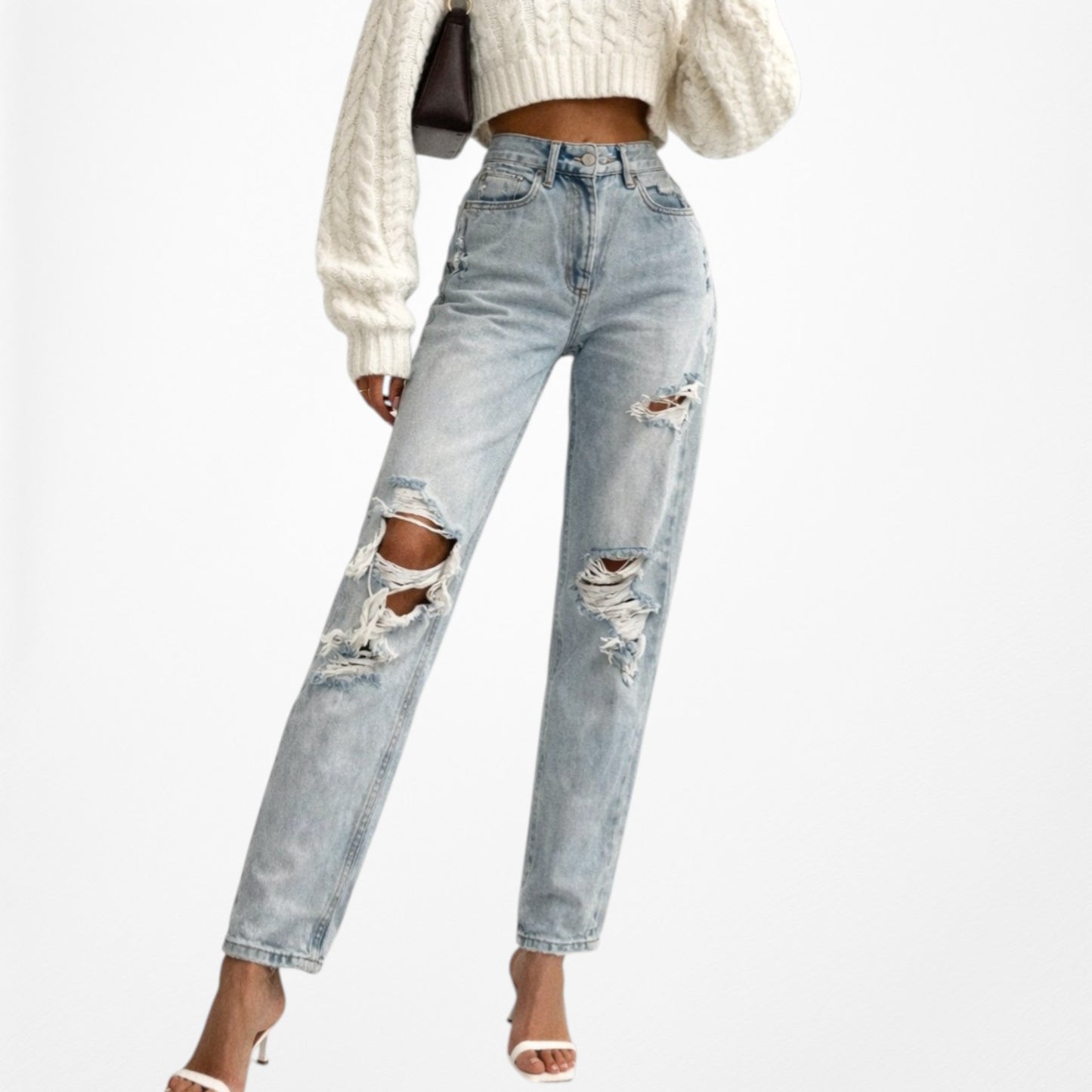 White Fox Boutique High Waisted Distressed Ripped Knee Cropped Mom Jeans Size XS