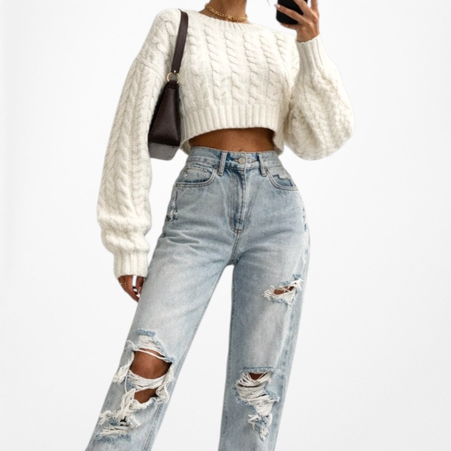 White Fox Boutique High Waisted Distressed Ripped Knee Cropped Mom Jeans Size XS