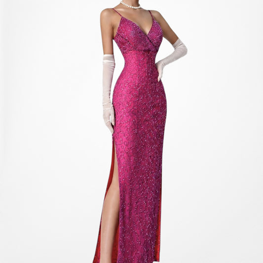 Vintage Pink Silk Beaded Side Slit Maxi Bodycon Formal Prom Dress Size XS