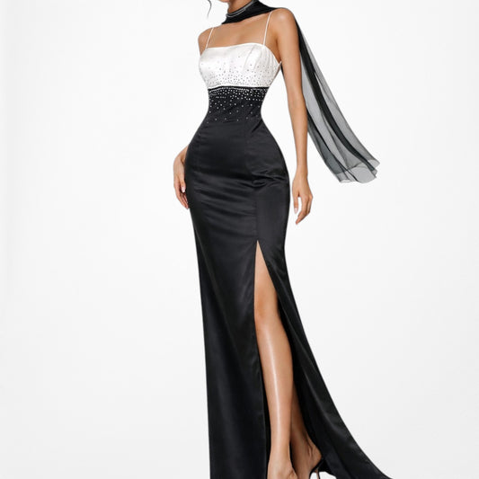 Vintage White Black Beaded Rhinestone Satin Slit Bodycon Maxi Formal Prom Dress Size S/M