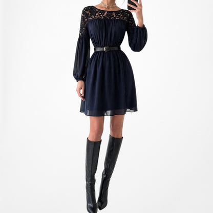 Vintage Y2K Navy Blue Lace Puffy Sleeve Knee Length Flared Knit Dress Size M