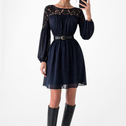 Vintage Y2K Navy Blue Lace Puffy Sleeve Knee Length Flared Knit Dress Size M