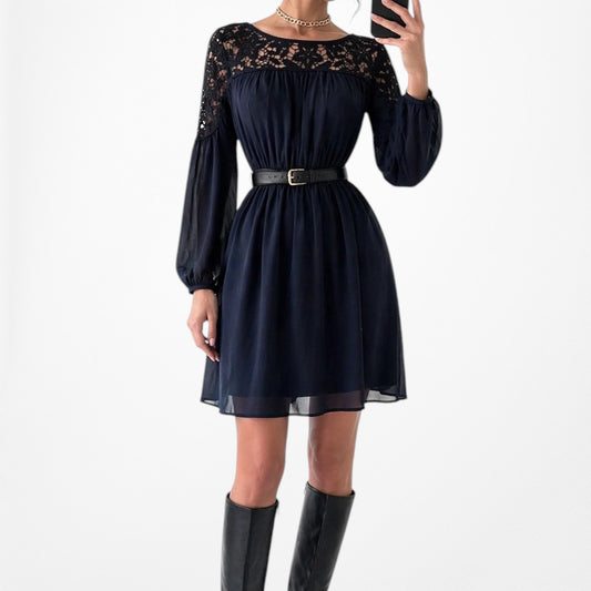 Vintage Y2K Navy Blue Lace Puffy Sleeve Knee Length Flared Knit Dress Size M
