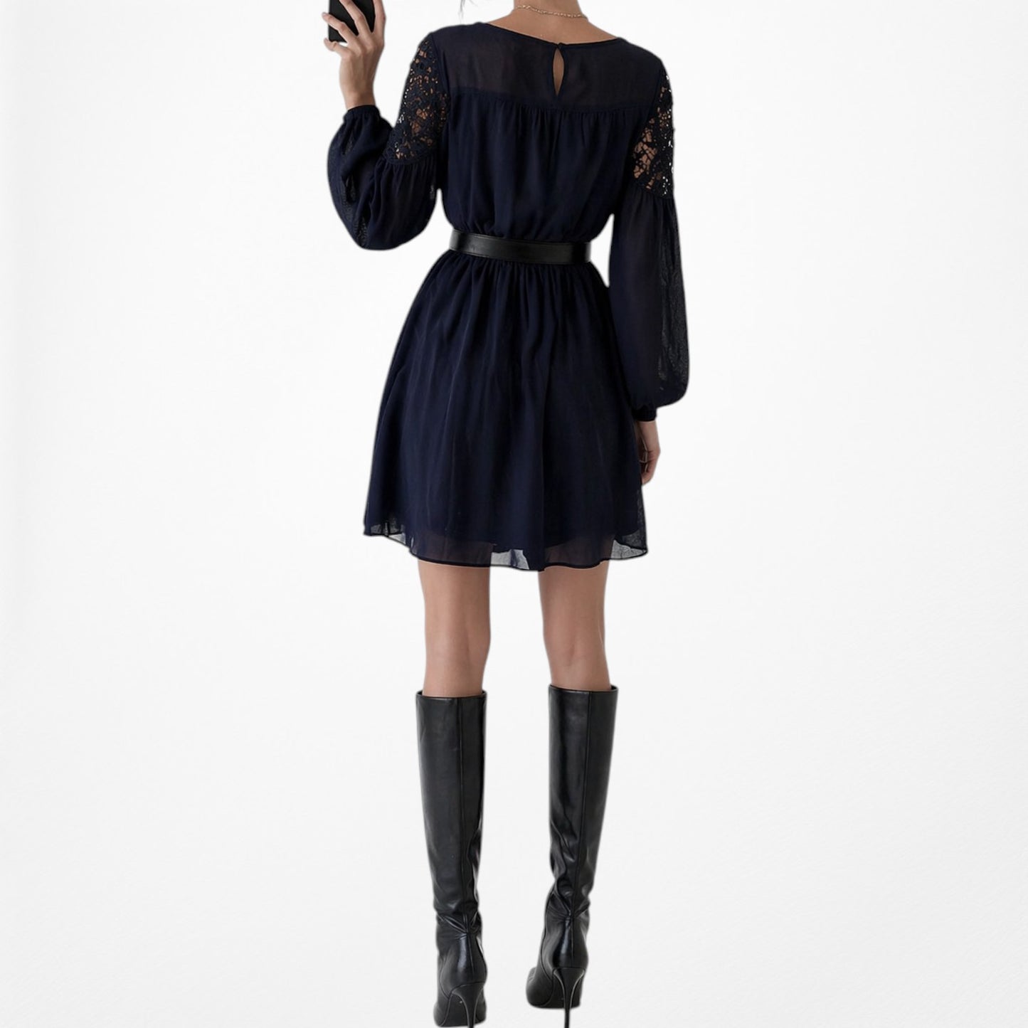 Vintage Y2K Navy Blue Lace Puffy Sleeve Knee Length Flared Knit Dress Size M