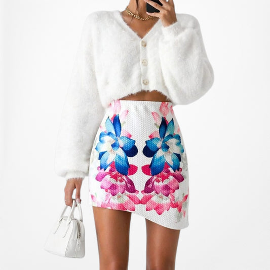 White Blue Pink Knit Floral Mini Bodycon Asymmetric High Waisted Skirt S