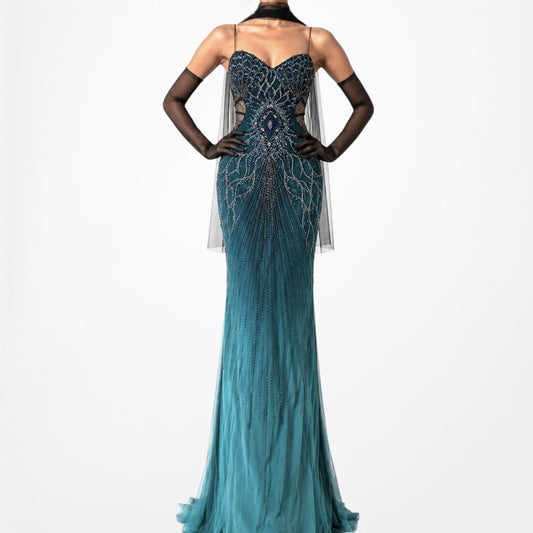 Vintage Y2K Blue Beaded Fit Flared Ombre Maxi Prom Dress W/ Shawl Size M/L