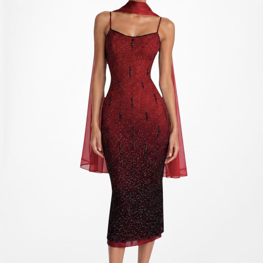 Vintage Y2K Burgundy Red Silk Beaded Knee Length Side Slits Cocktail Dress L
