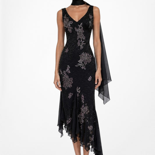 Vintage Black Purple Floral Beaded Silk Ruffle Midi Cocktail Prom Formal Dress Size S