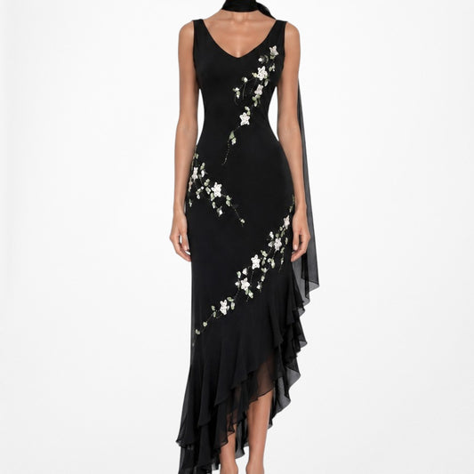 Vintage Black Floral Beaded Ruffle High Low Asymmetric Midi Formal Prom Dress Size S/M